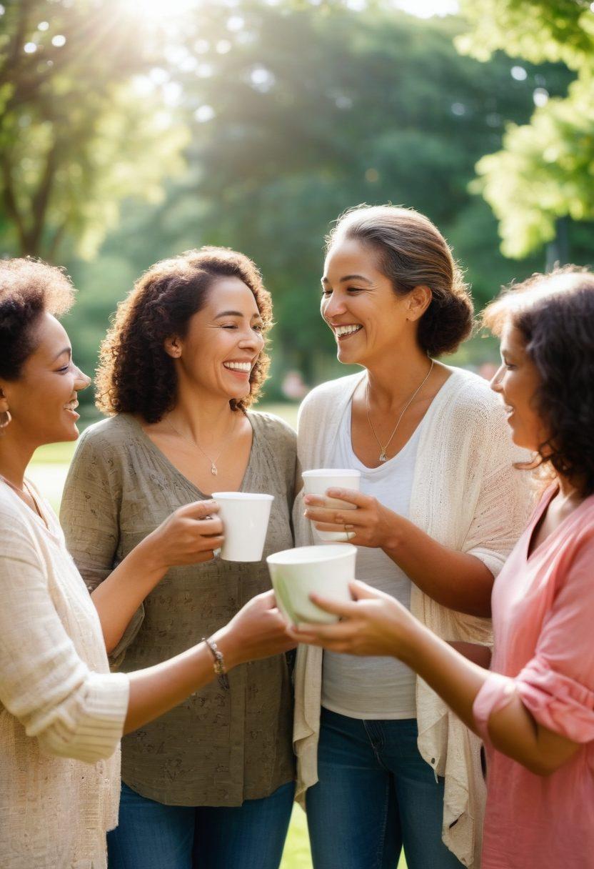 A warm and inviting scene of a diverse group of mothers of various ages and backgrounds, gathered in a sunlit park, sharing laughter and supportive conversations. Show them in a circle with children playing in the background, holding coffee cups and sharing advice. The atmosphere should convey camaraderie, love, and inspiration. Include vibrant flowers and greenery to enhance the inviting mood. bright and cheerful colors. soft focus.