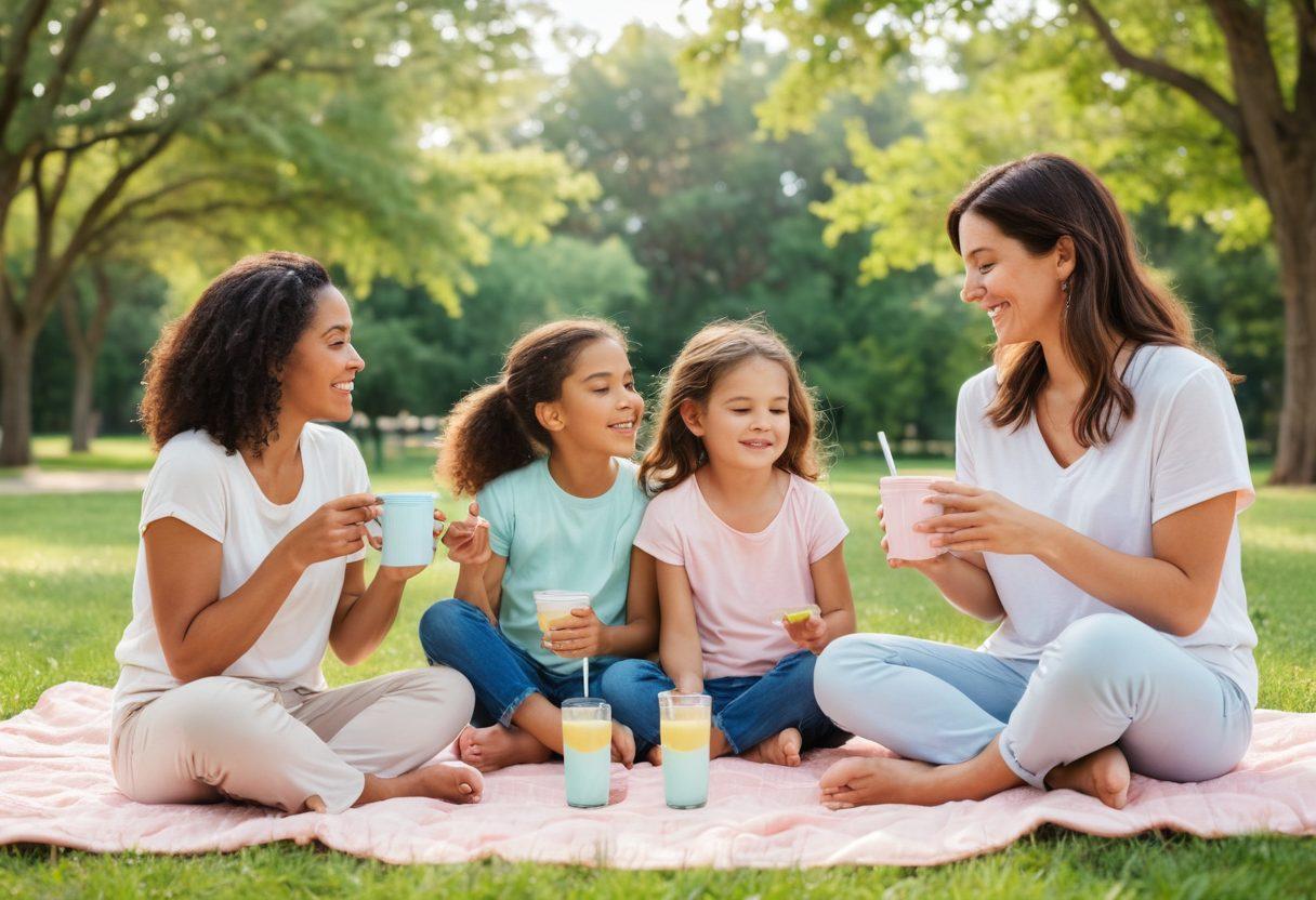 A serene scene depicting a diverse group of mothers engaged in activities with their children, capturing moments of both joy and reflection. Include elements like a park setting, playful children, and supportive friendships among moms, showcasing warmth and connection. Subtle hints of challenges such as a spilled drink or a tired look can add depth. A soft, pastel color palette enhances the comforting vibe. super-realistic. vibrant colors. natural lighting.