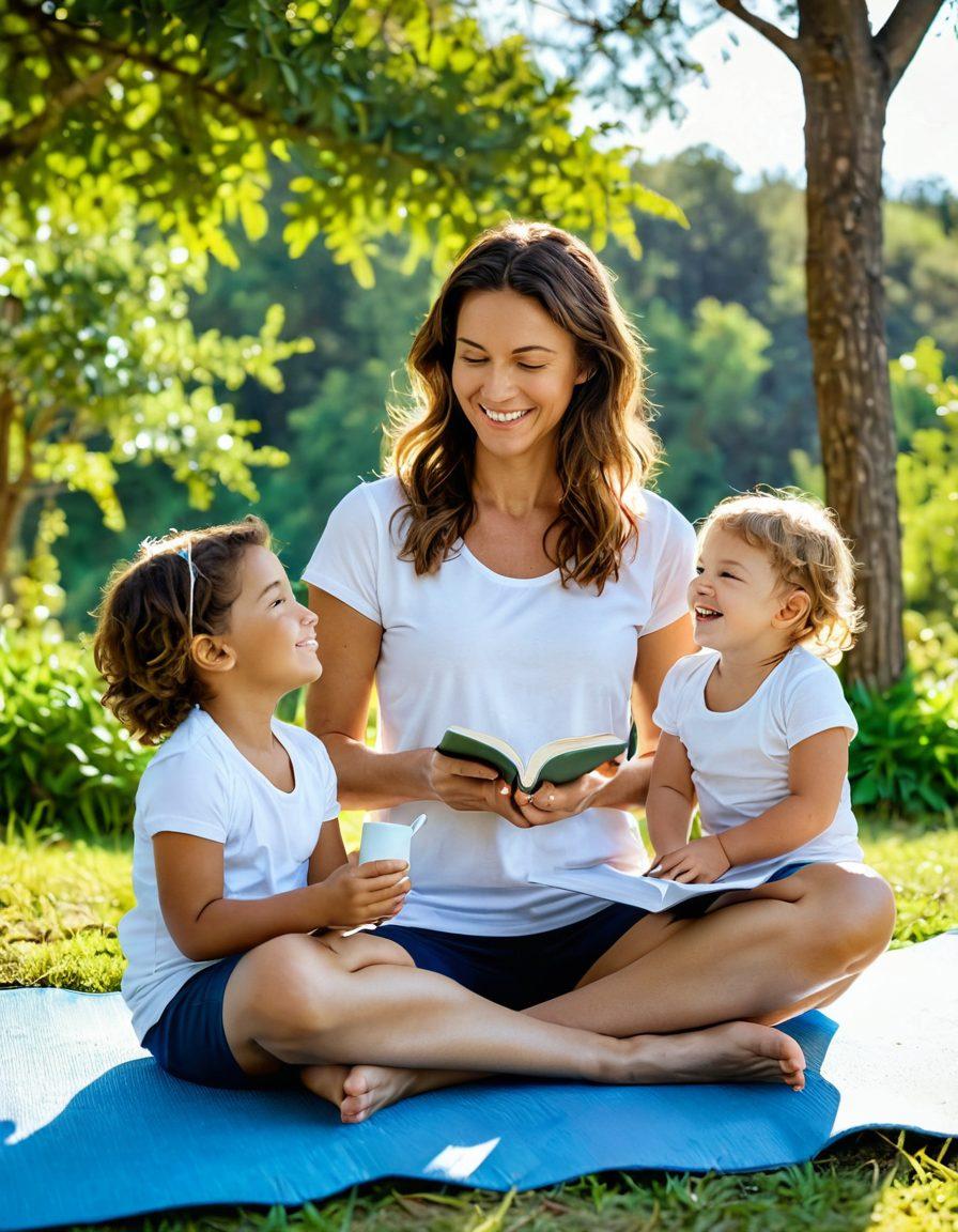 A warm and inviting scene of a joyful mother interacting with her children outdoors, surrounded by nature, with trees and a bright blue sky. The mother is smiling and engaging in playful activities, with a soft glowing light highlighting her expressions. In the background, various elements of self-care and well-being, like a journal, a cup of tea, and yoga mat can be subtly included. The atmosphere should evoke feelings of serenity and happiness. soft painting. vibrant colors. natural light.